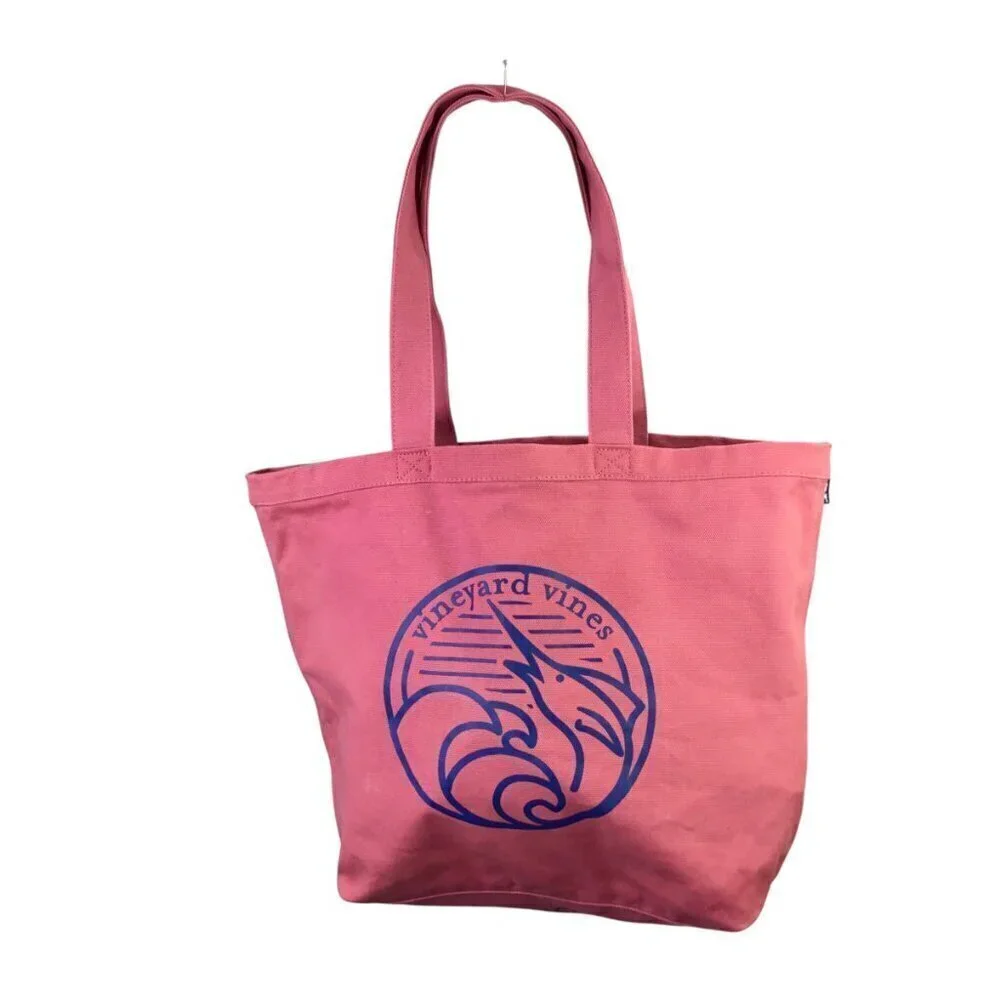 Vineyard Vines NWT Marlin Wave Graphic Canvas Tote Bag Pink #EDSFTG Open Top